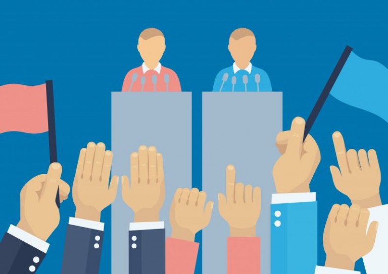 Ilustração de dois candidatos, vestindo cores distintas, falando para multidão de braços levantados | O marketing digital político nas redes sociais
