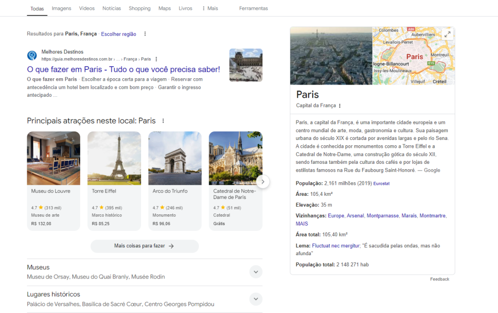 Print mostrando exemplo de SGE do Google dando sugestões de pontos turísticos em Paris 