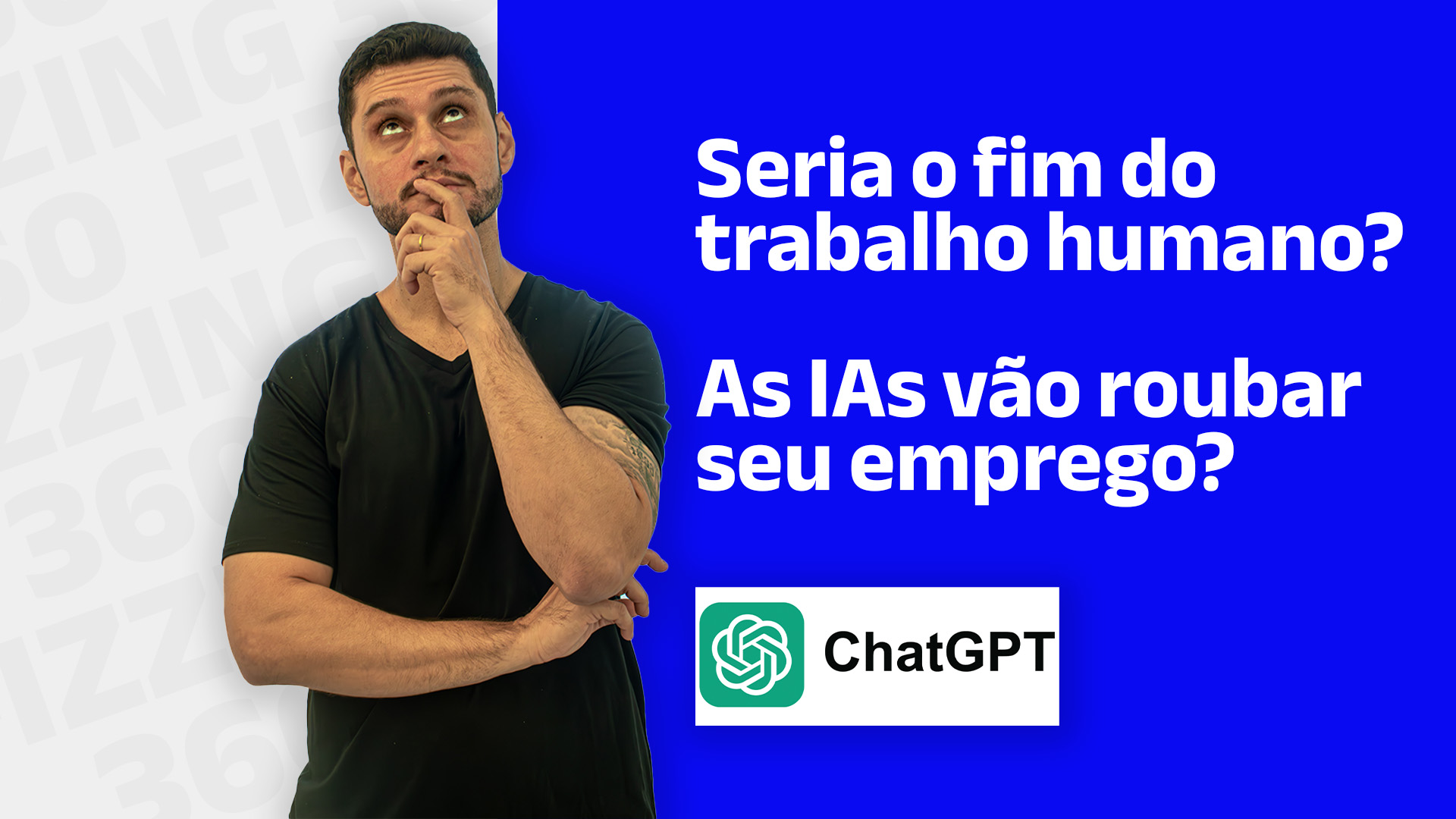 Foto do Rafael pensativo, com a logo da inteligência artificial ChatGPT ao lado e o seguinte texto: Seria o fum do trabalho humano? As IAs vão roubar seu emprego?