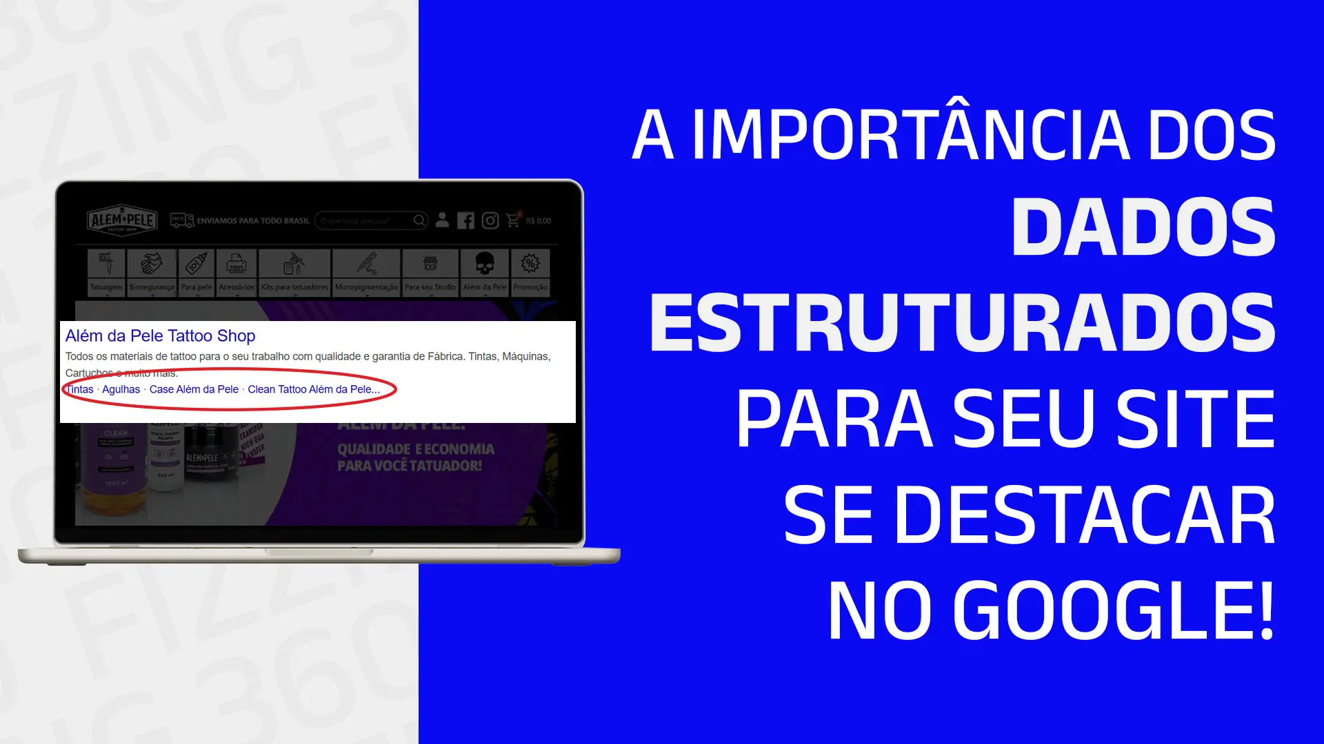 Imagem com metadados do site de um cliente como aparecem no Google, com um círculo sobre os snippets e o seguinte texto ao lado: A importância dos dados estruturados para seu site de destacar no Google