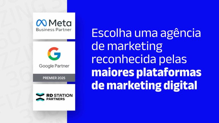Certificados Meta Partner, Google Partner Premier e RD Station Partner, com o seguinte texto ao lado: Escolha uma agência de marketing reconhecida pelas maiores plataformas de marketing digital