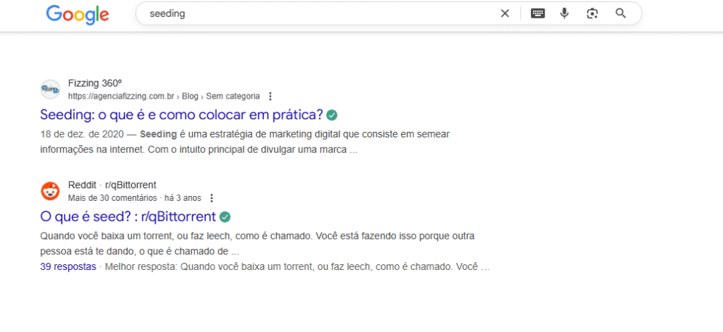 Artigo de blog da Fizzing aparecendo de forma orgânica no Google quando a pessoa pesquisa por "seeding" marketing 