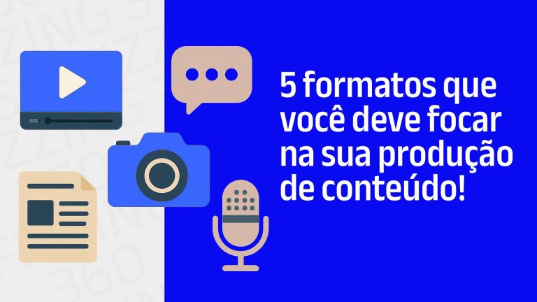 Ícones representando diferentes formatos de conteúdo (texto, vídeo, foto, podcast e depoimento), com o seguinte texto: 5 formatos que você deve focar na sua produção de conteúdo!