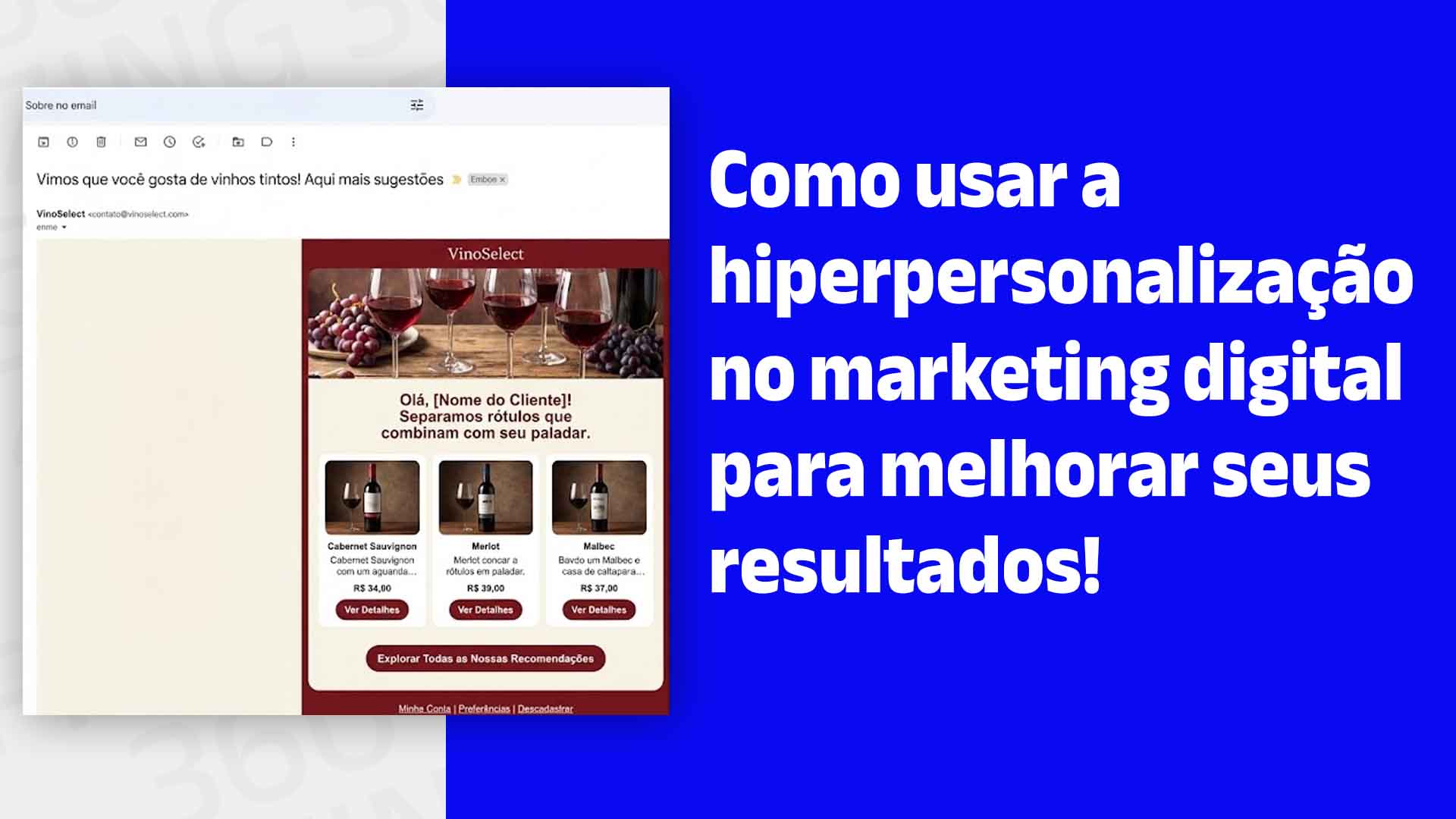 E-mail marketing oferecendo sugestões personalizadas de vinho para um cliente e o seguinte texto: Hiperpersonalização no marketing digital: o que é e como é feita
