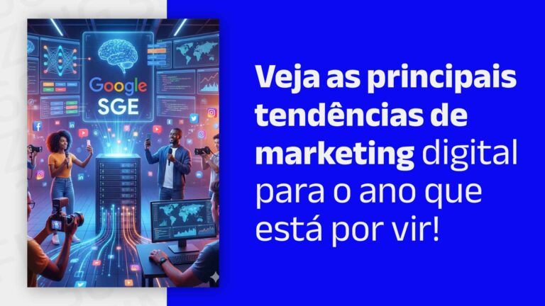 Ilustração representando inteligências artificiais, influenciadores e base de dados, com o seguinte texto ao lado: Veja as principais tendências de marketing digital para o ano que está por vir!