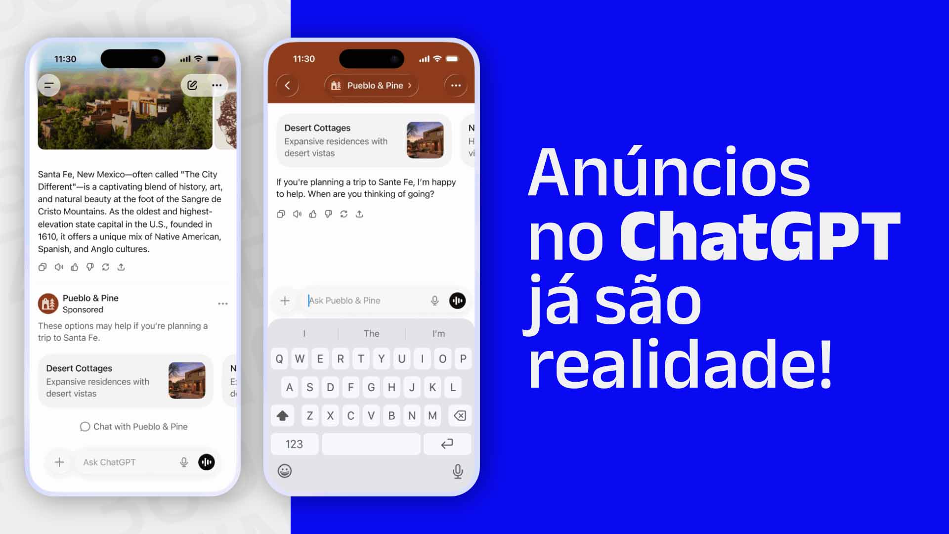Celulares mostrando exemplos de anúncios no ChatGPT e o seguinte texto: Anúncios no ChatGPT já são realidade!