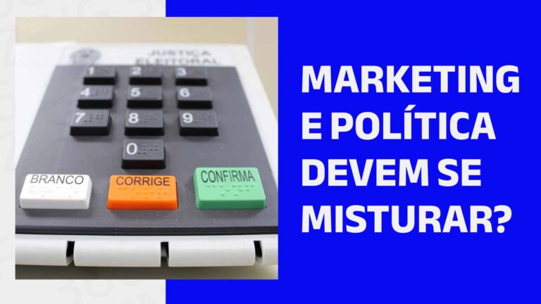 Urna eletrônica usada nas eleições do Brasil e o seguinte texto: Marketing e política devem se misturar?