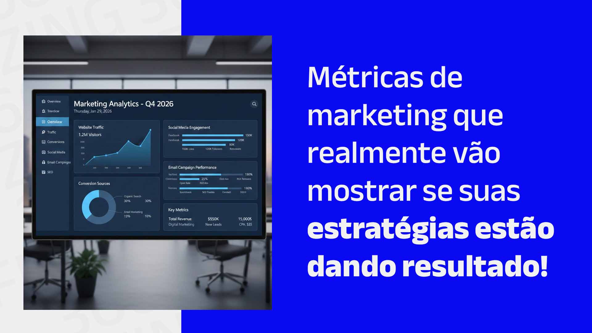 Dashboard na tela de um computador mostrando dados de uma campanha e o seguinte texto: Métricas de marketing que realmente vão mostrar se suas estratégias estão dando resultado!
