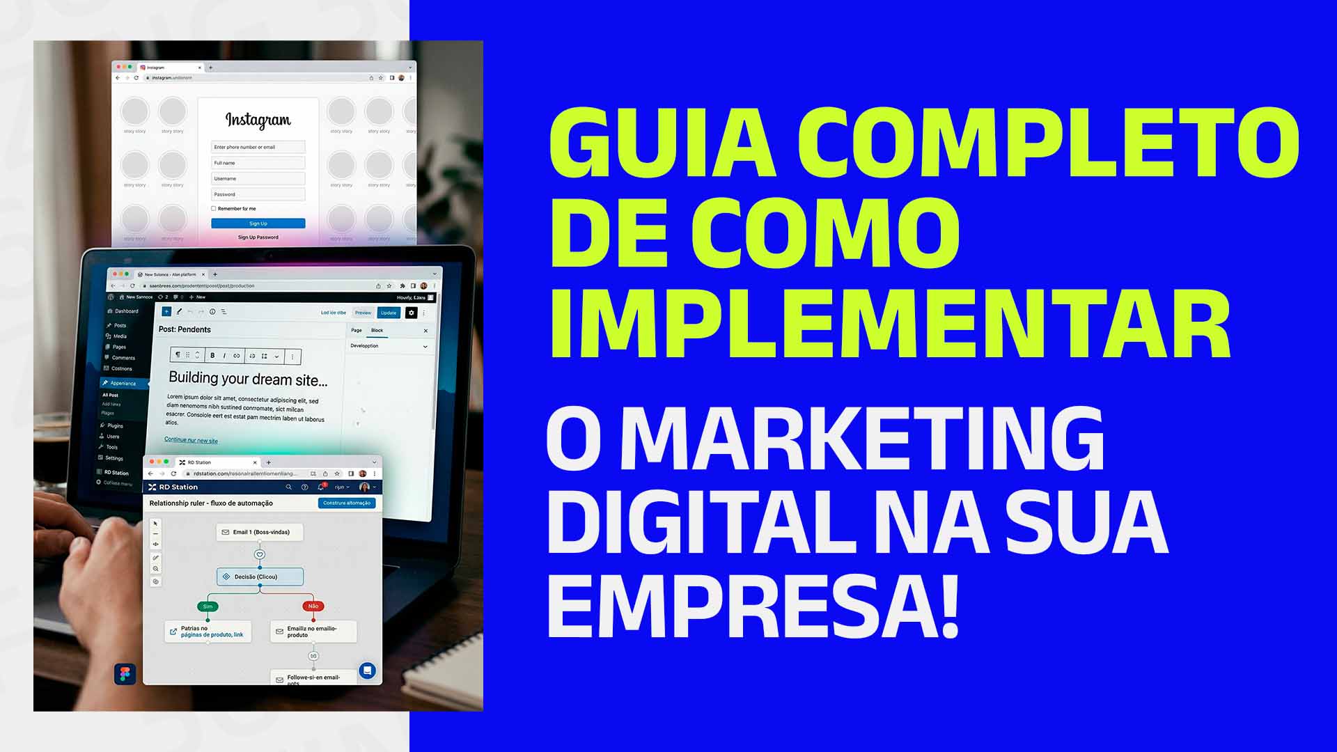 Pessoa em um tablet, com prints de diferentes redes sociais na tela, e o seguinte texto: Guia completo de como implementar o marketing digital na sua empresa!