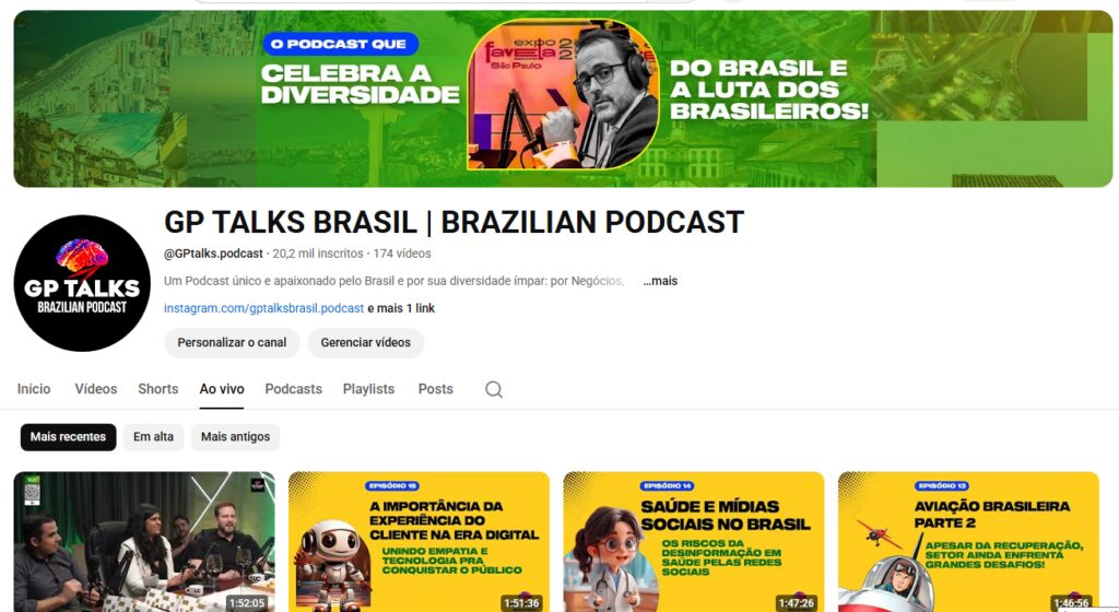 Canal GP Talks, cliente da Fizzing que cresceu por meio de tráfego pago e SEO para YouTube