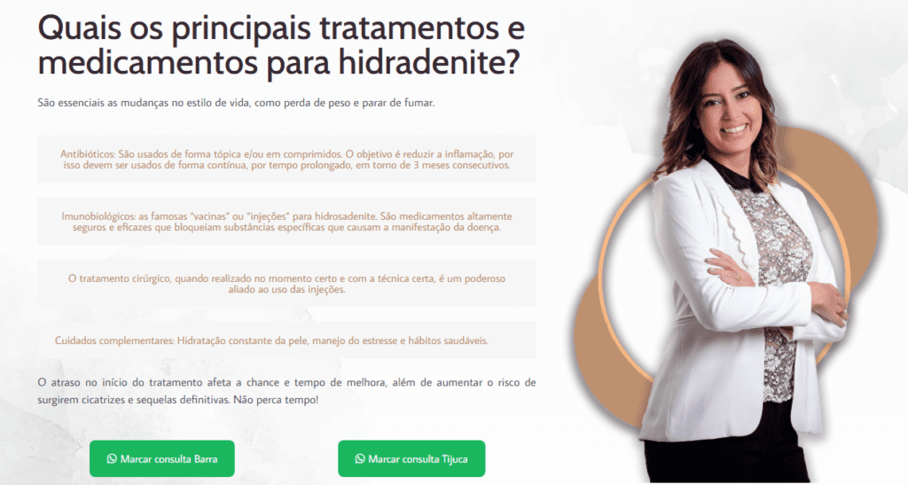 Exemplo de landing page de serviço otimizada dentro dos melhores critérios de SEO e CRO para divulgar tratamento de Hidradnite 