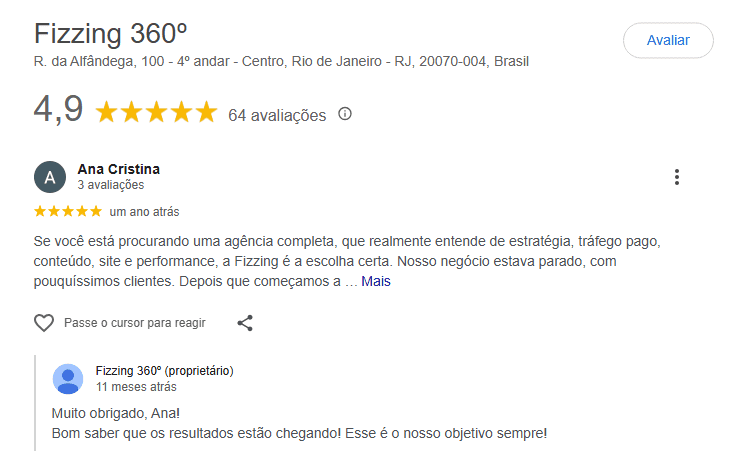Exemplo de depoimento de cliente da Fizzing no Google Meu Negócio