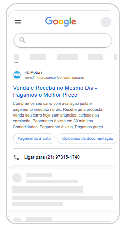 Exemplo de campanha na rede de pesquisa do Google Ads que fizemos para nosso cliente, FL Motors