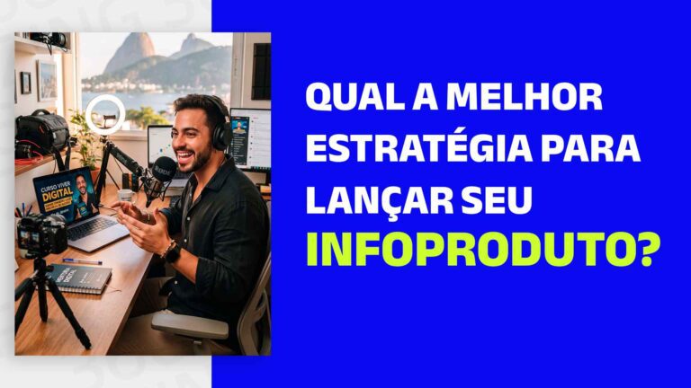Homem gravando podcast em estúdio e o seguinte texto ao lado: Qual a melhor estratégia para lançar seu infoproduto?