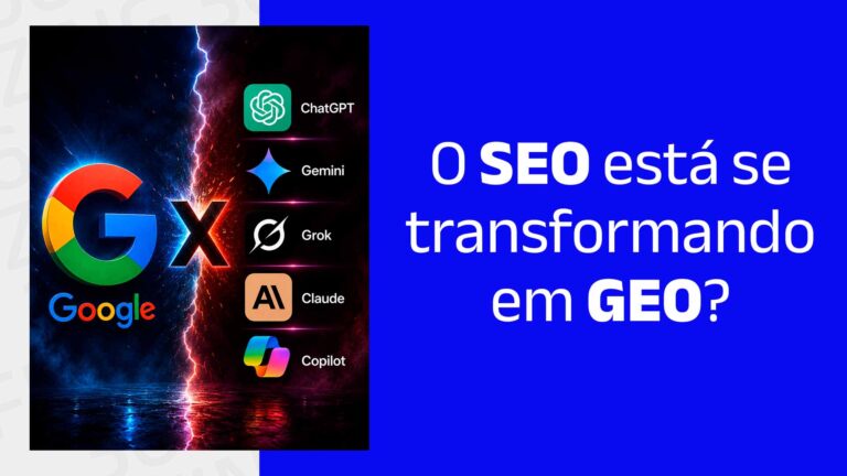 Logo do Google de um lado e logos de IAs generativas do outro, com um "X" entre eles e o seguinte texto: O SEO está se transformando em GEO?