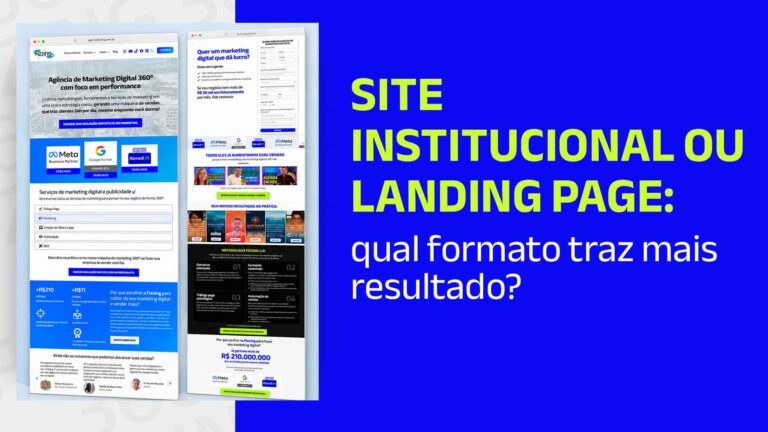 Site institucional da Fizzing ao lado de landing page divulgando serviço de marketing digital e o seguinte texto: Site institucional ou landing page: qual formato traz mais resultado?