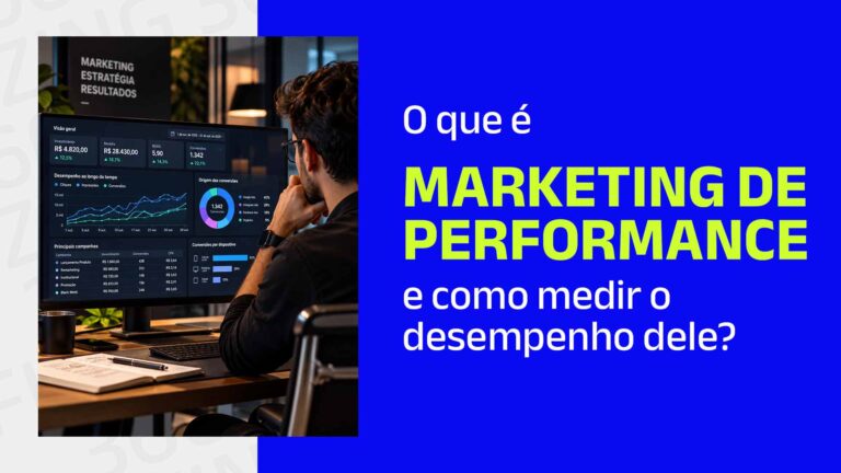 Homem olhando para dashboard com diversos dados em um computador e o seguinte texto: O que é marketing de performance e como medir o desempenho dele?